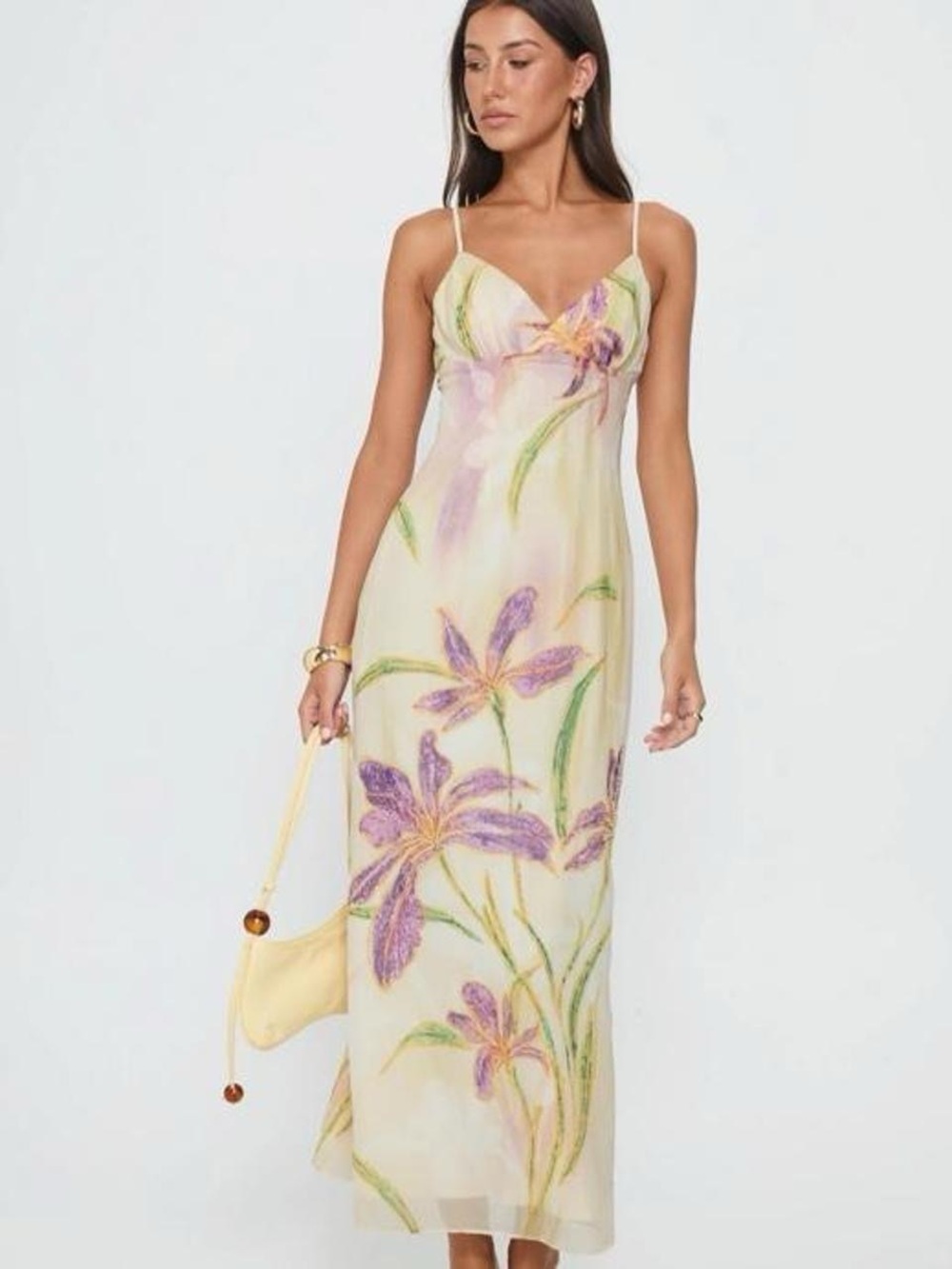 Princess Polly Cream Maxi Slip Dress with Purple Floral Print